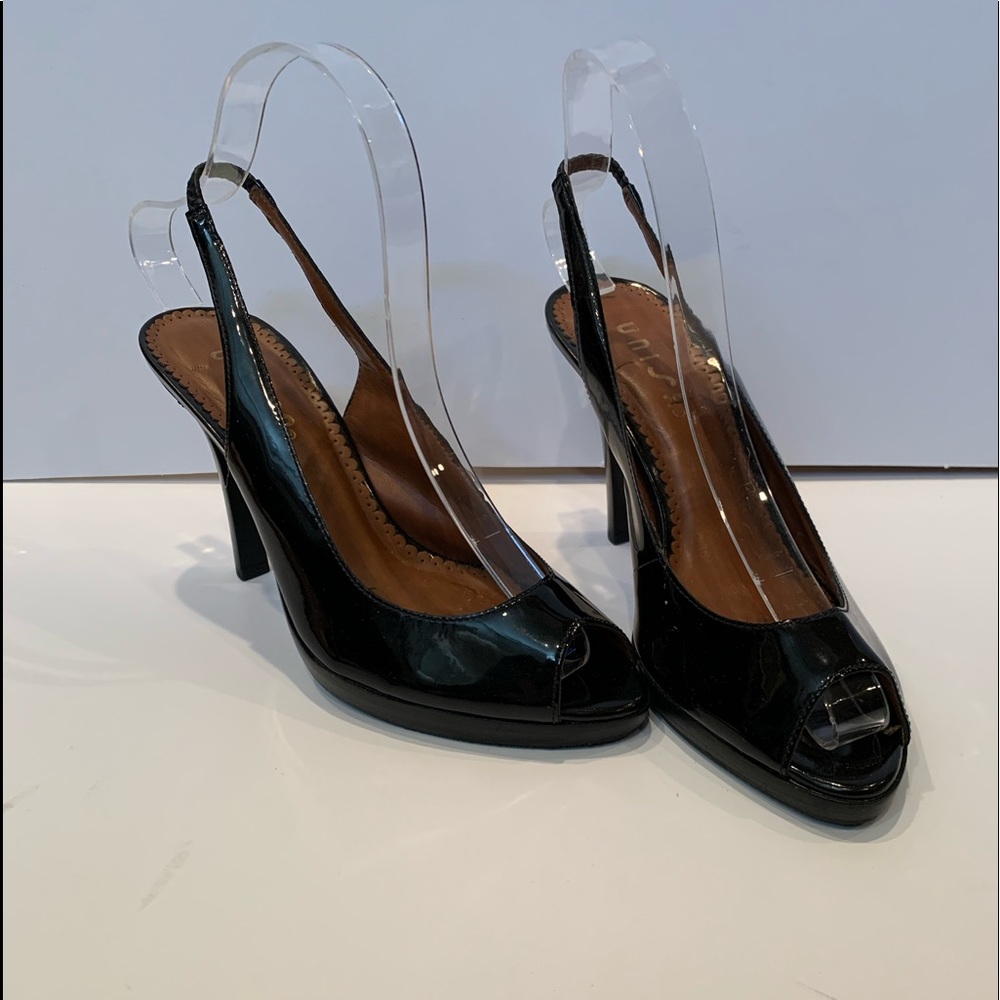 Black patent open toe sling back. Worn once.